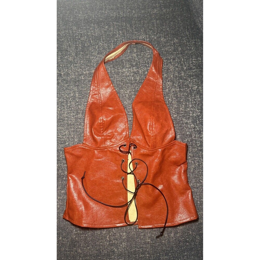 Musera Women's Brown Faux Leather Lace Up Halter Top Size L Festival Biker